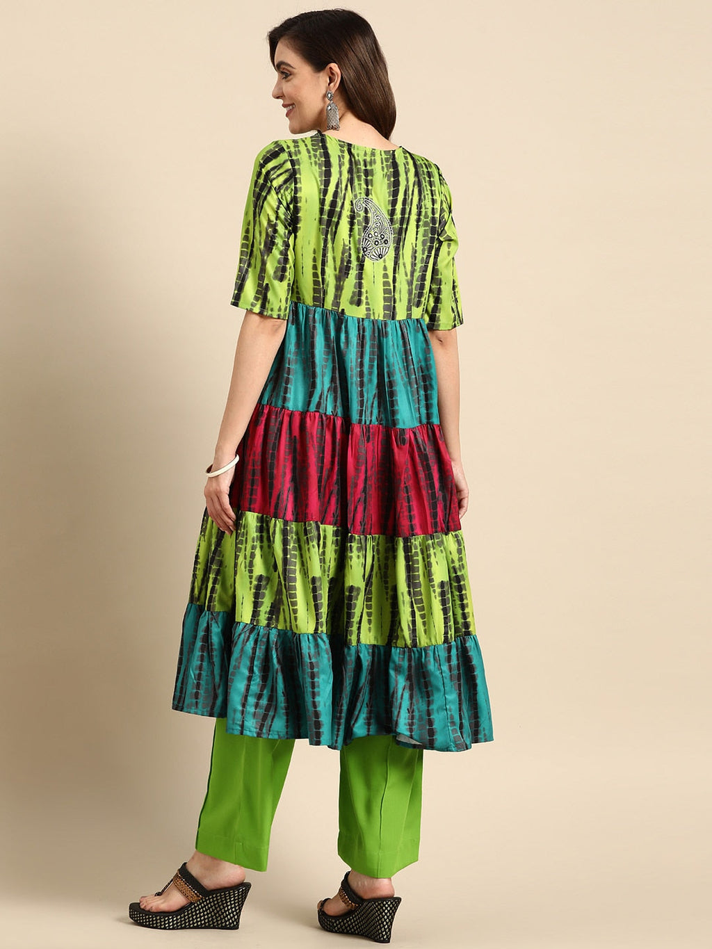 Sangria Women Green Dyed Tiered Kurta with Palazzos | Grocsy