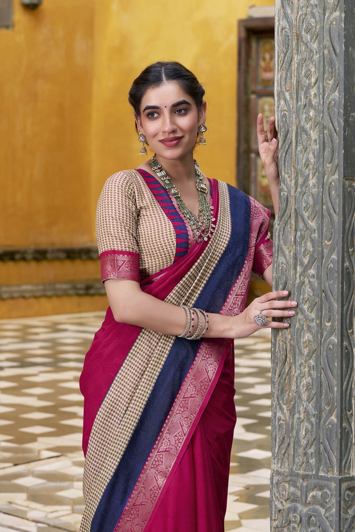 Vastranavya Pink Printed with Zari Weaving Work Poly Cotton Saree & Unstitched Blouse | Grocsy