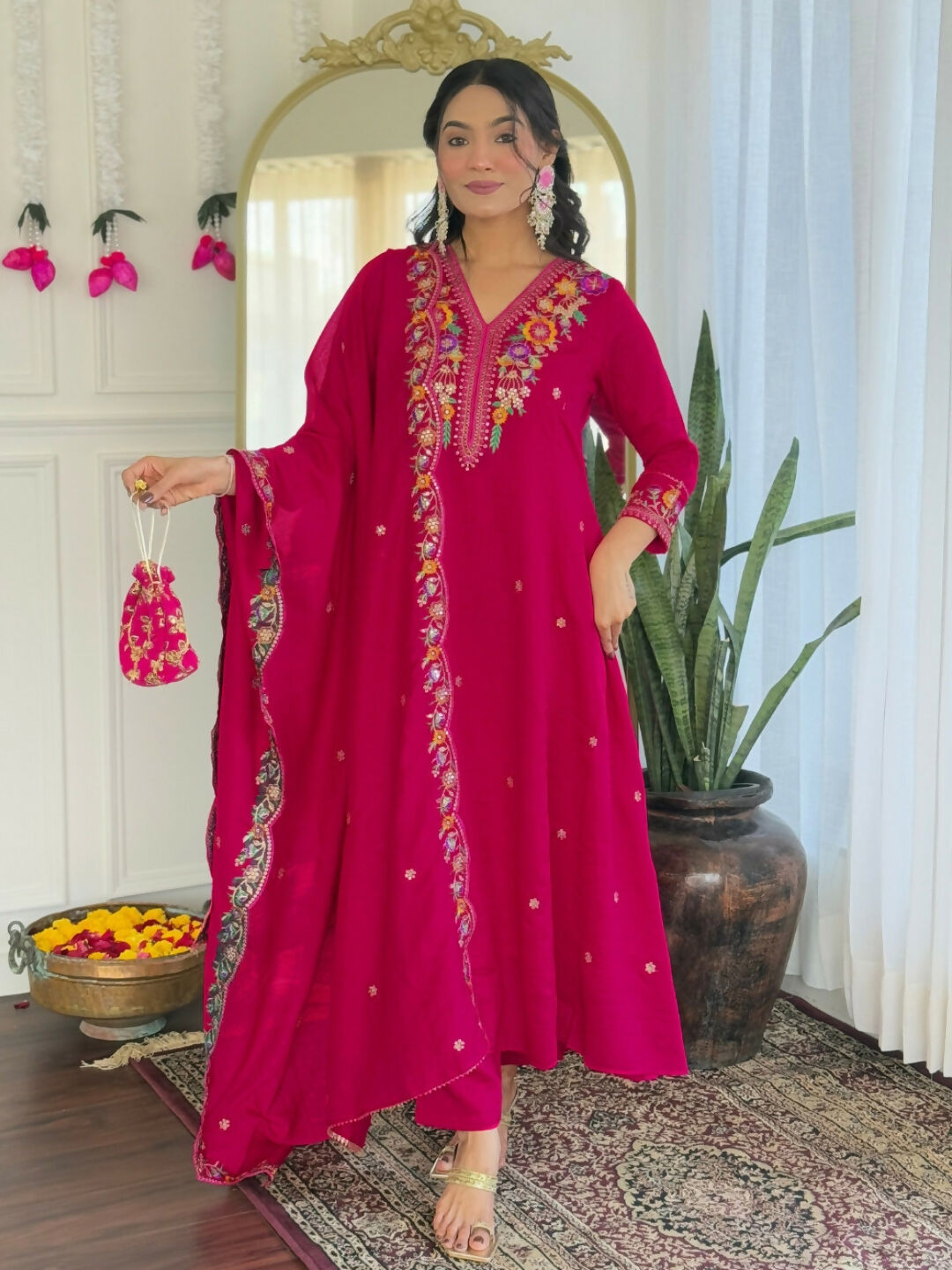 The52 Rani Women's Beautiful Embroidered Work Vichitra Silk Fabric Straight Kurta Pant and Dupatta Set | Grocsy