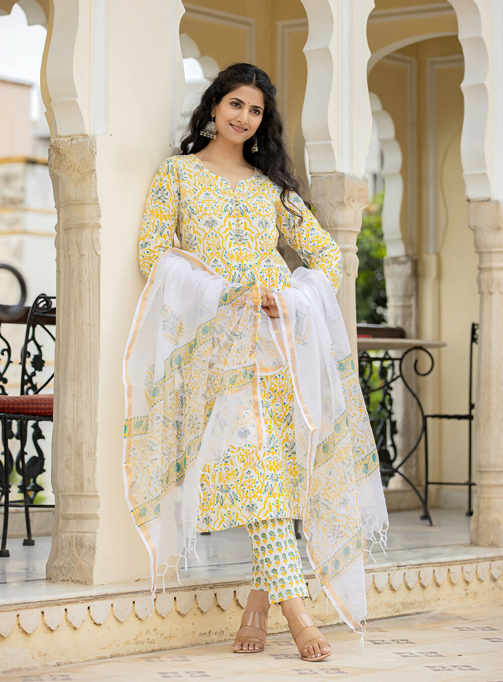 Kaajh Women's Yellow Hand Block Print Suit Set | Grocsy