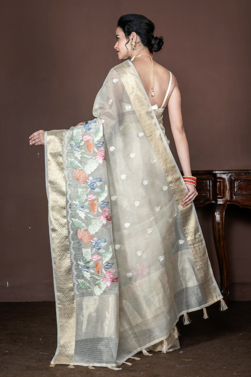 Morchari Beige Banarasi Tissue Computer Embroidery Saree Unstitched Blouse | Grocsy
