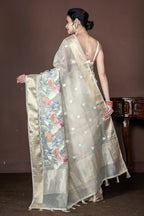 Morchari Beige Banarasi Tissue Computer Embroidery Saree Unstitched Blouse | Grocsy