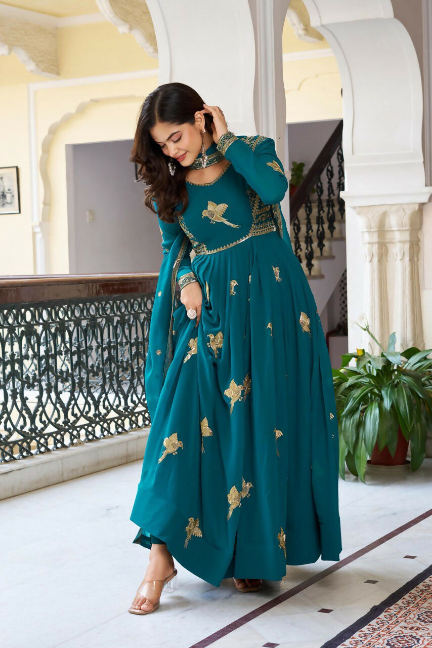 The52 Women's Gorgeous Faux Georgette Fabric Embroidery Work Flared Anarkali Pant and Dupatta Set | Grocsy