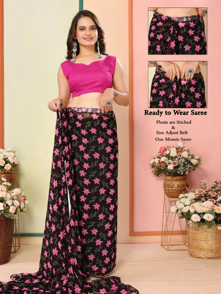 Black Georgette Designer Printed Ready To Wear Saree - Elite | Grocsy