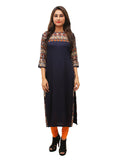 Women's Navy Printed Yoke And Sleeves, Round Neck Kurti - G & A Apparels | Grocsy