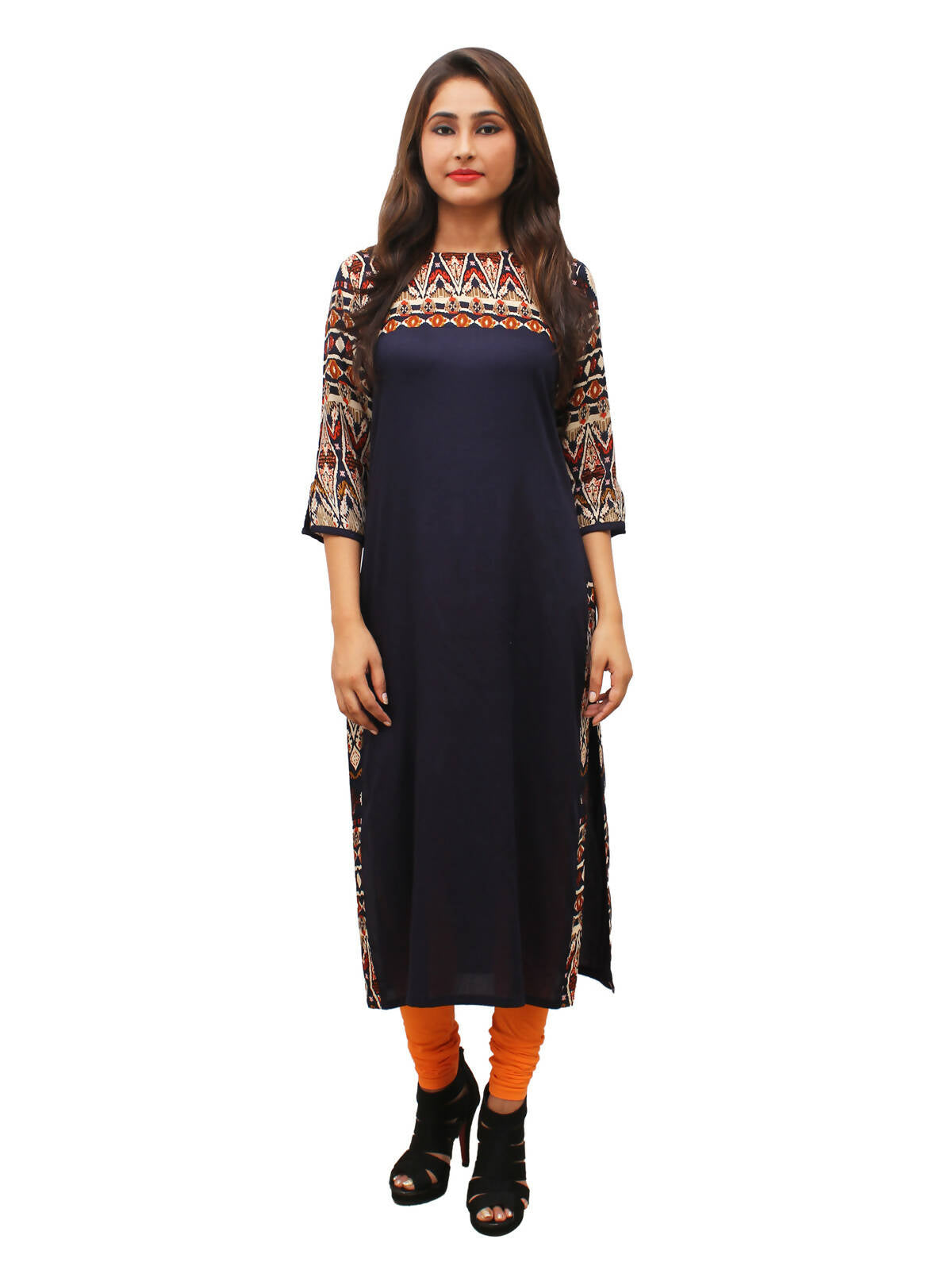 Women's Navy Printed Yoke And Sleeves, Round Neck Kurti - G & A Apparels | Grocsy