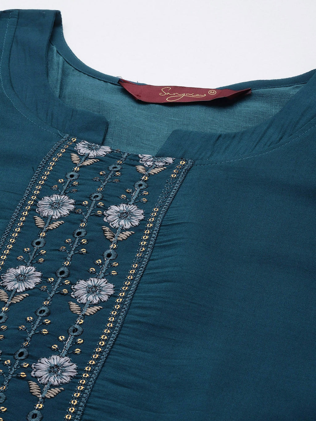 Sangria Women Teal Blue Embroidered Pure Cotton Kurta with Trousers & Dupatta | Grocsy