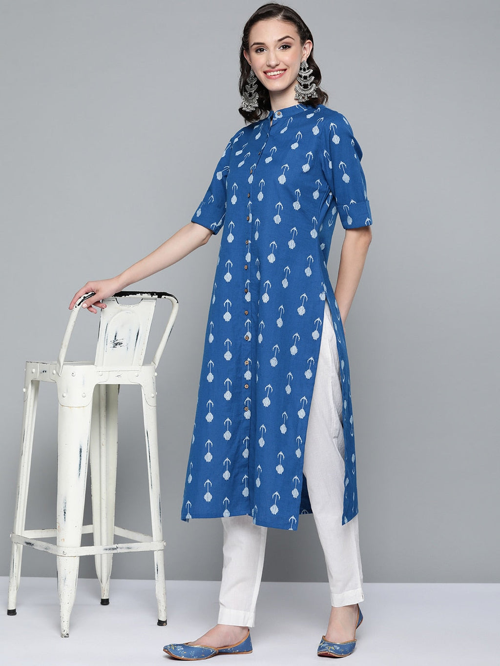 HERE&NOW Women Blue & White Ethnic Motifs Printed Kurta | Grocsy