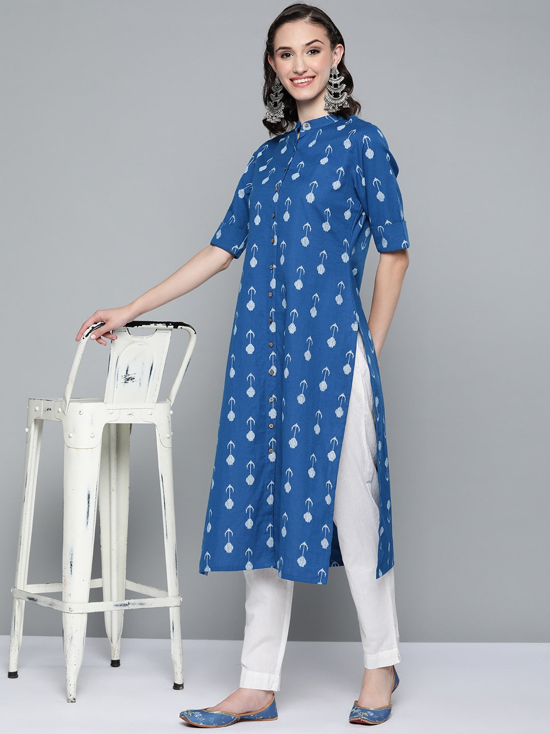 HERE&NOW Women Blue & White Ethnic Motifs Printed Kurta | Grocsy
