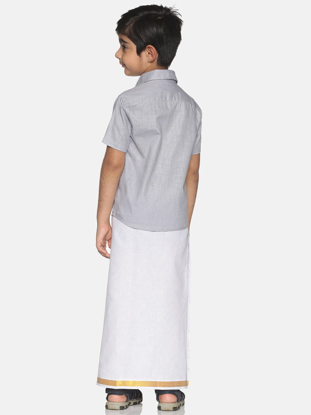 Sethukrishna Boys Grey & White Solid Shirt and Veshti Set | Grocsy