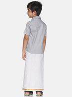 Sethukrishna Boys Grey & White Solid Shirt and Veshti Set | Grocsy