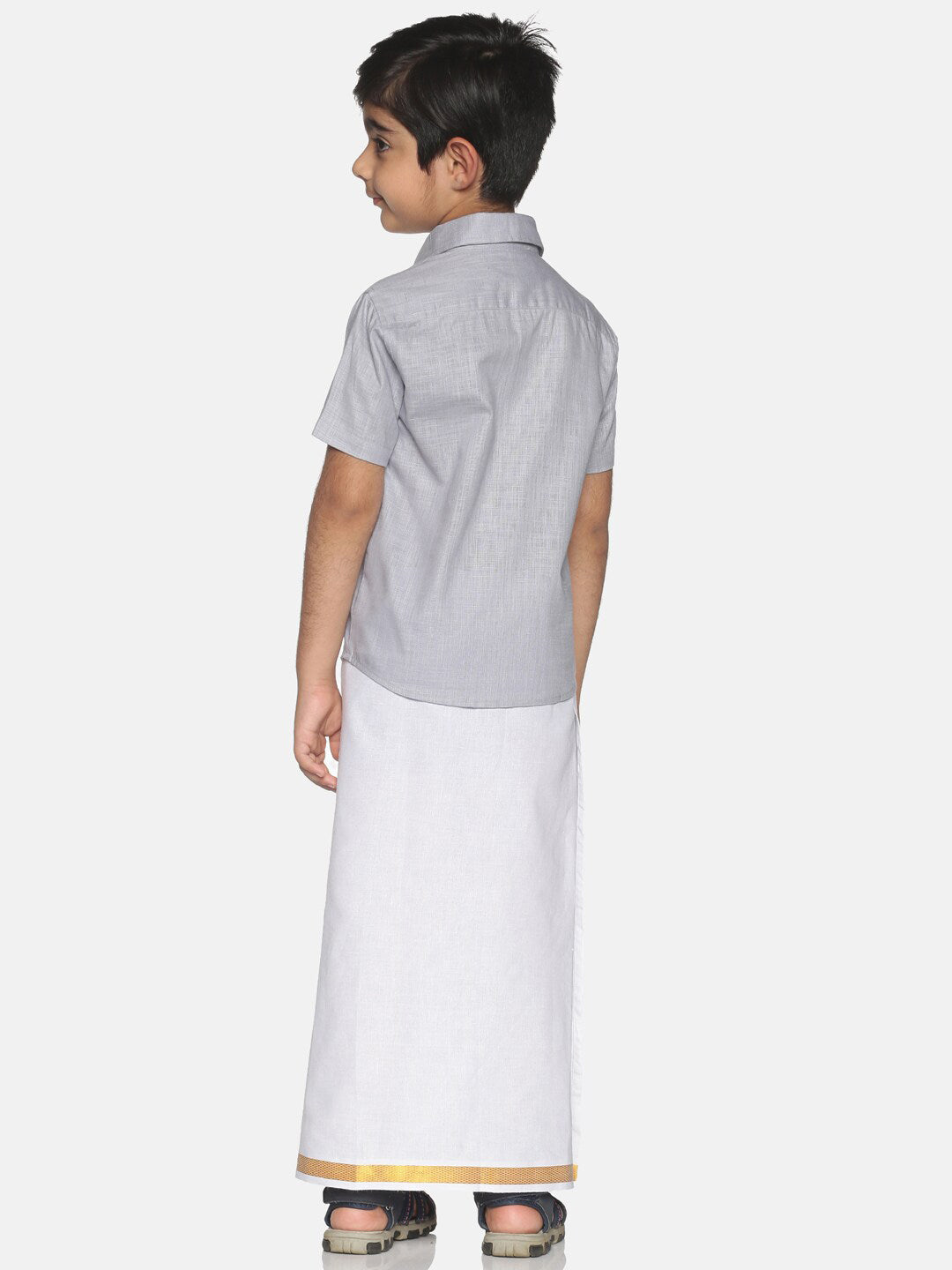Sethukrishna Boys Grey & White Solid Shirt and Veshti Set | Grocsy