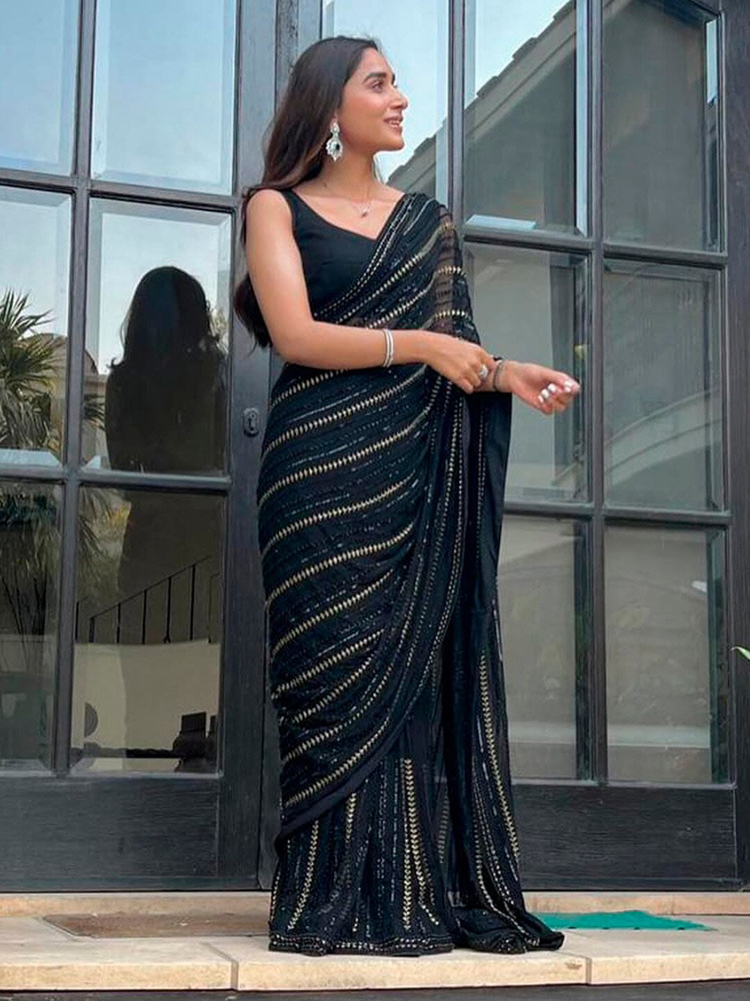 Sangria Embellished Sequinned Pure Georgette Saree | Grocsy