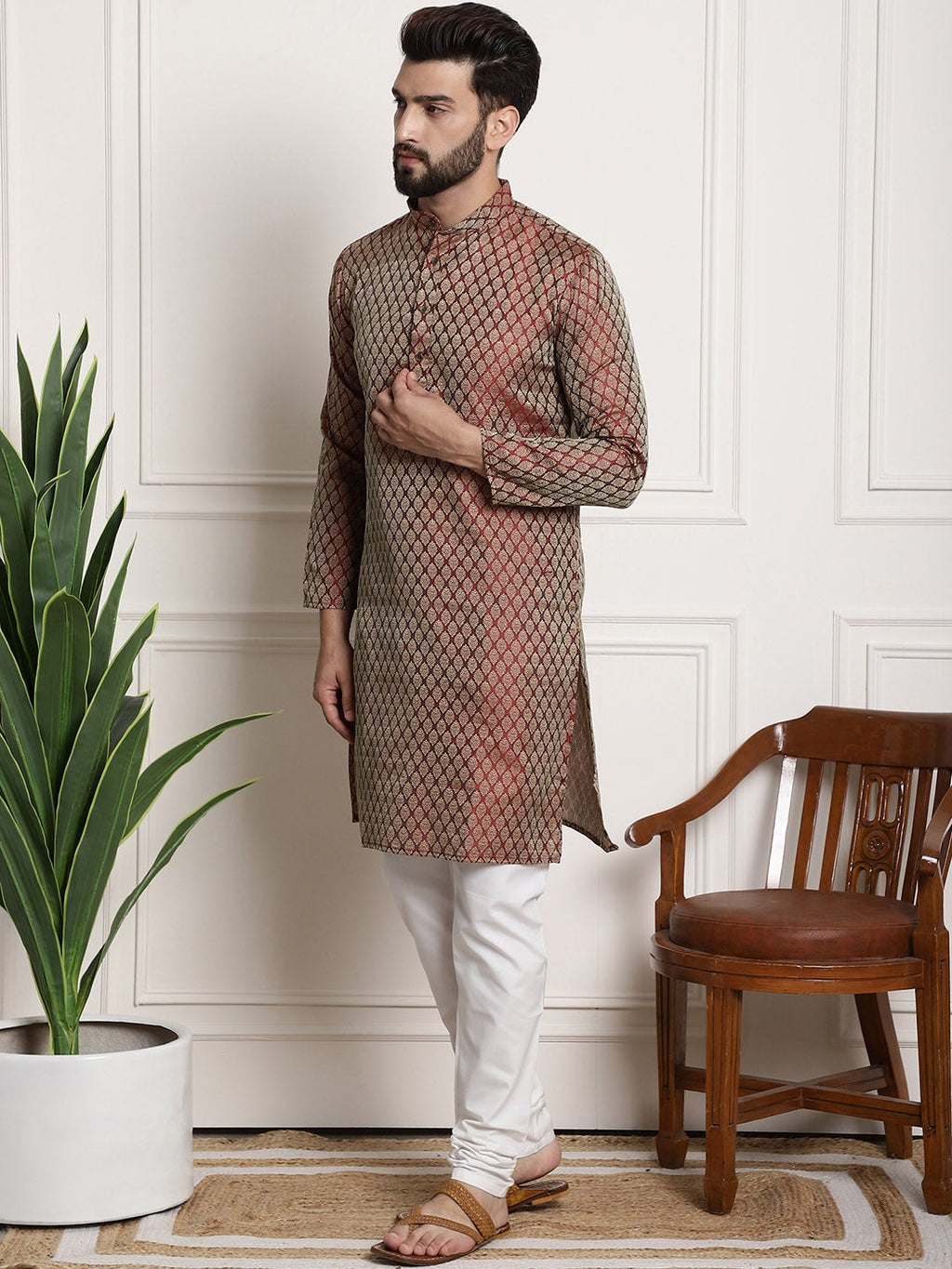 Sojanya Men Maroon & Off-White Woven Design Kurta with Churidar | Grocsy