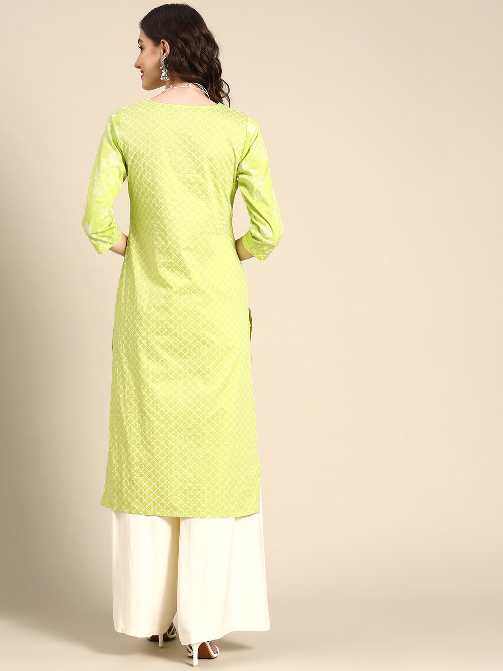 Sangria Women Lime Green Printed Satin Kurta | Grocsy