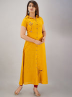 HERE&NOW Mustard Yellow Shirt Collar Thread Work A-Line Kurta | Grocsy