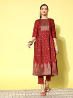 Sangria Floral Yoke Design Pleated Mirror Work Chanderi Silk Kurta with Trousers | Grocsy