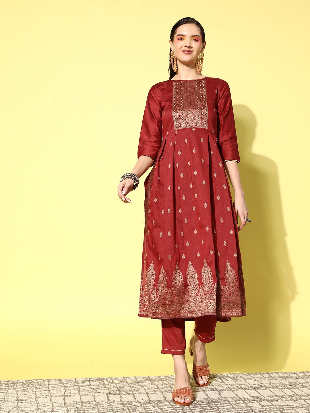 Sangria Floral Yoke Design Pleated Mirror Work Chanderi Silk Kurta with Trousers | Grocsy