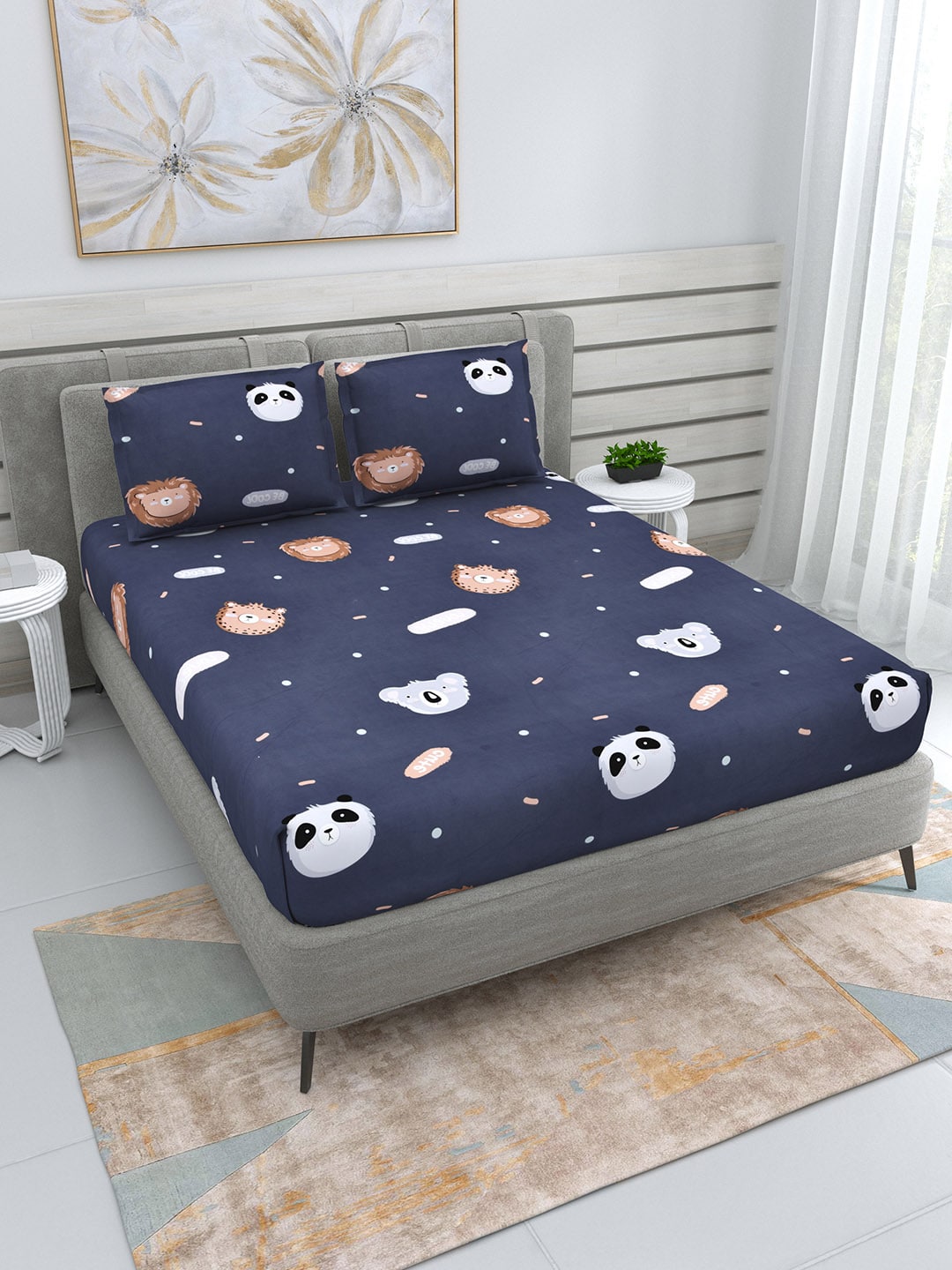 DREAM WEAVERZ Navy Blue & White Conversational Glazed Cotton 220 TC King Bedsheet with 2 Pillow Covers | Grocsy