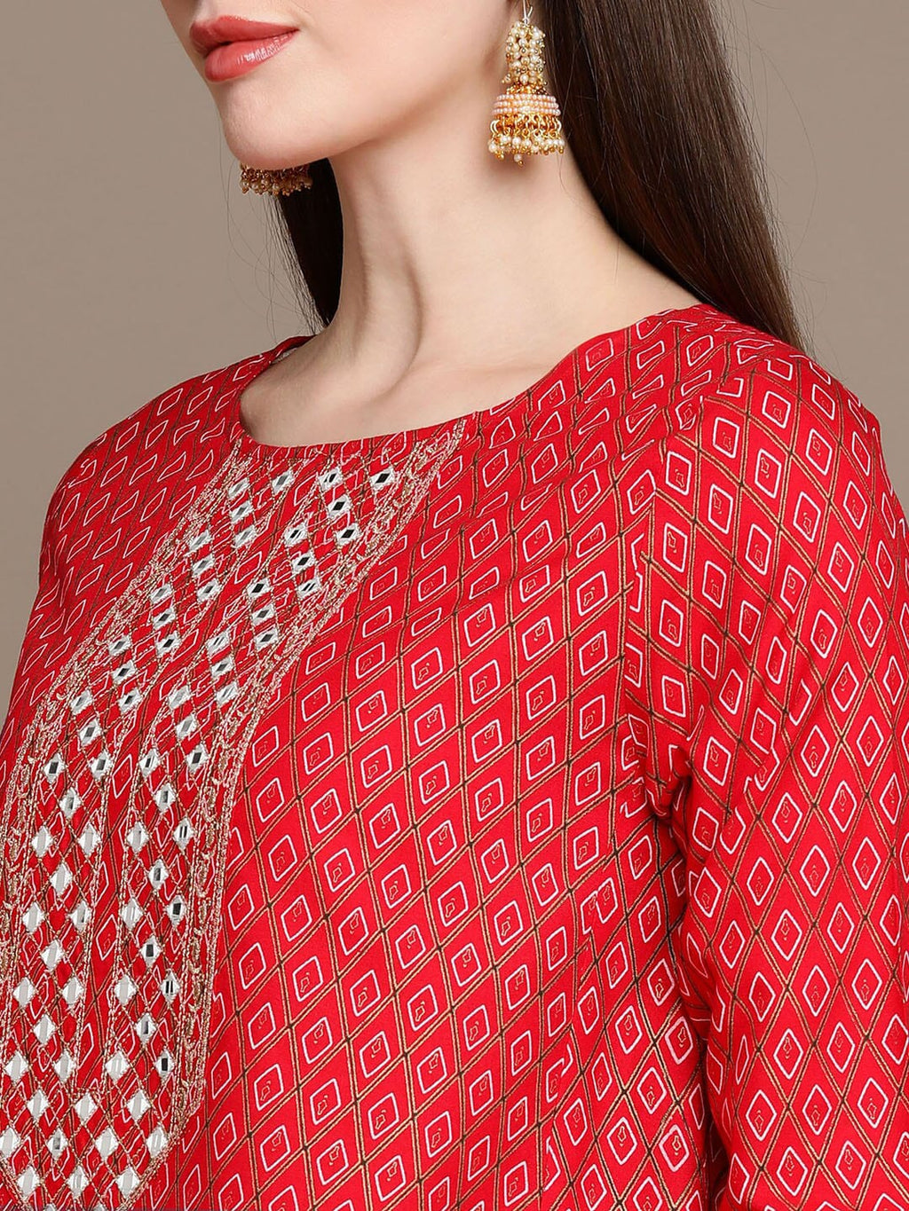 HERE&NOW Embroidered Ethnic Motifs Printed Mirror Work Asymmetric Kurti with Palazzos | Grocsy