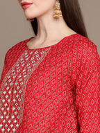 HERE&NOW Embroidered Ethnic Motifs Printed Mirror Work Asymmetric Kurti with Palazzos | Grocsy