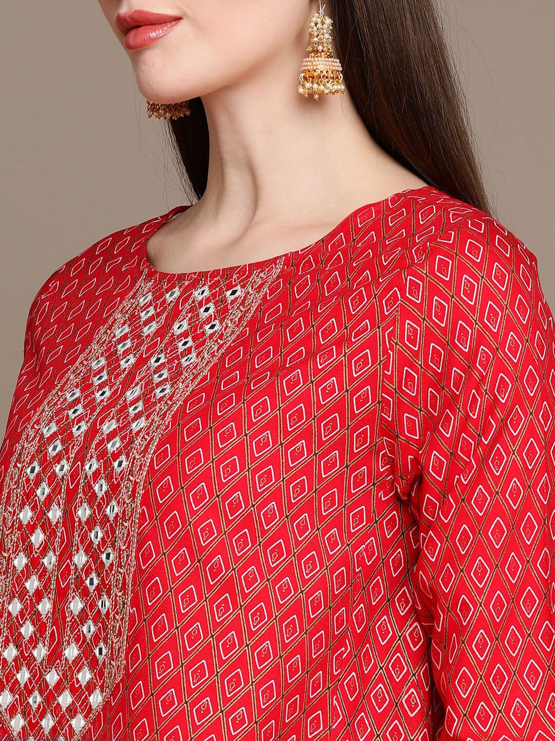 HERE&NOW Embroidered Ethnic Motifs Printed Mirror Work Asymmetric Kurti with Palazzos | Grocsy