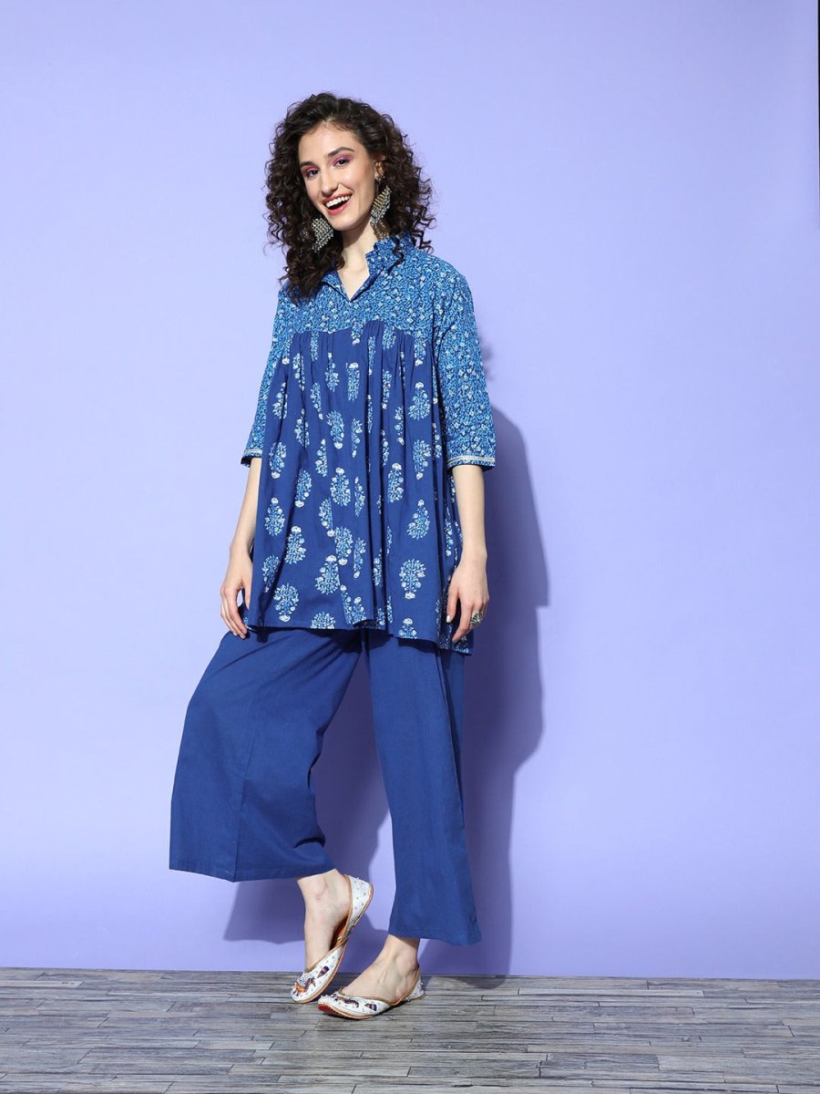 Ahalyaa Blue Pure Cotton Tunic & Palazzos Ethnic Co-Ords | Grocsy