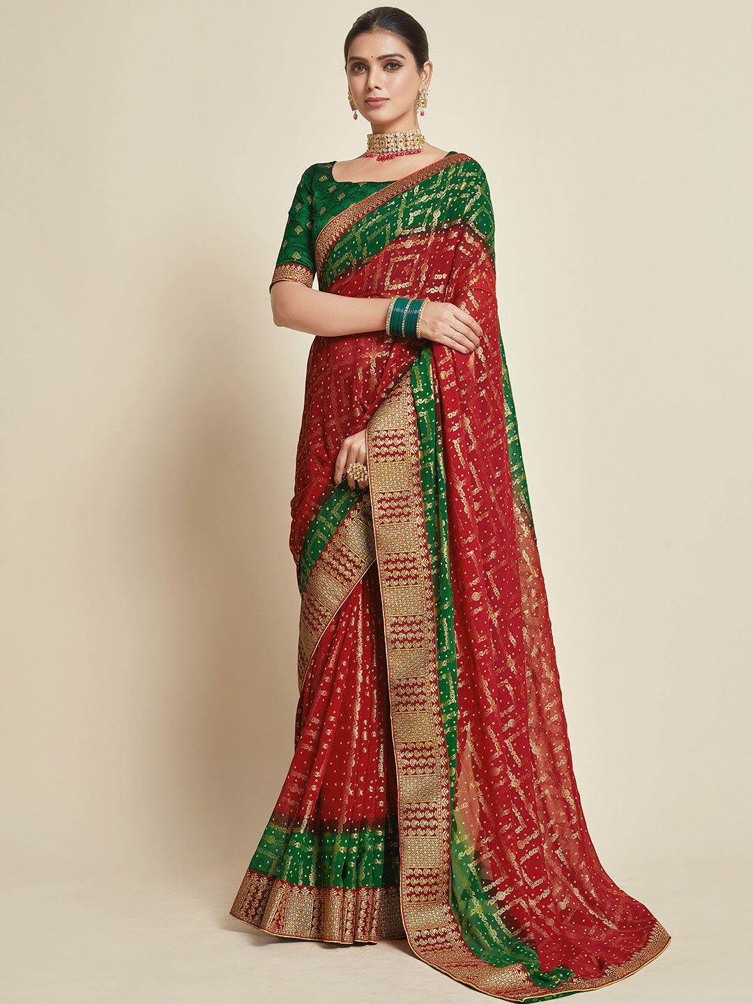 Sangria Red & Green Woven Design Zari Poly Georgette Bandhani Saree | Grocsy