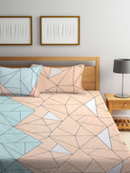 KLOTTHE Blue & Pink Geometric 300 TC King Fitted Bedsheet With 2 Pillow Covers | Grocsy