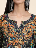 HOUSE OF KARI Ethnic Motifs Printed Chikankari Embroidery Cotton Kaftan Kurta | Grocsy
