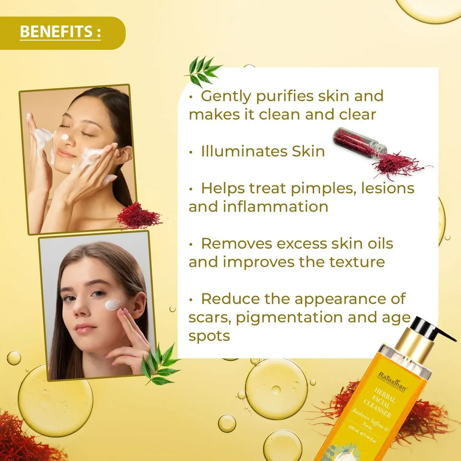 Rajasthan Herbals Herbal Facial Cleanser with Kashmiri Saffron & Neem | Grocsy