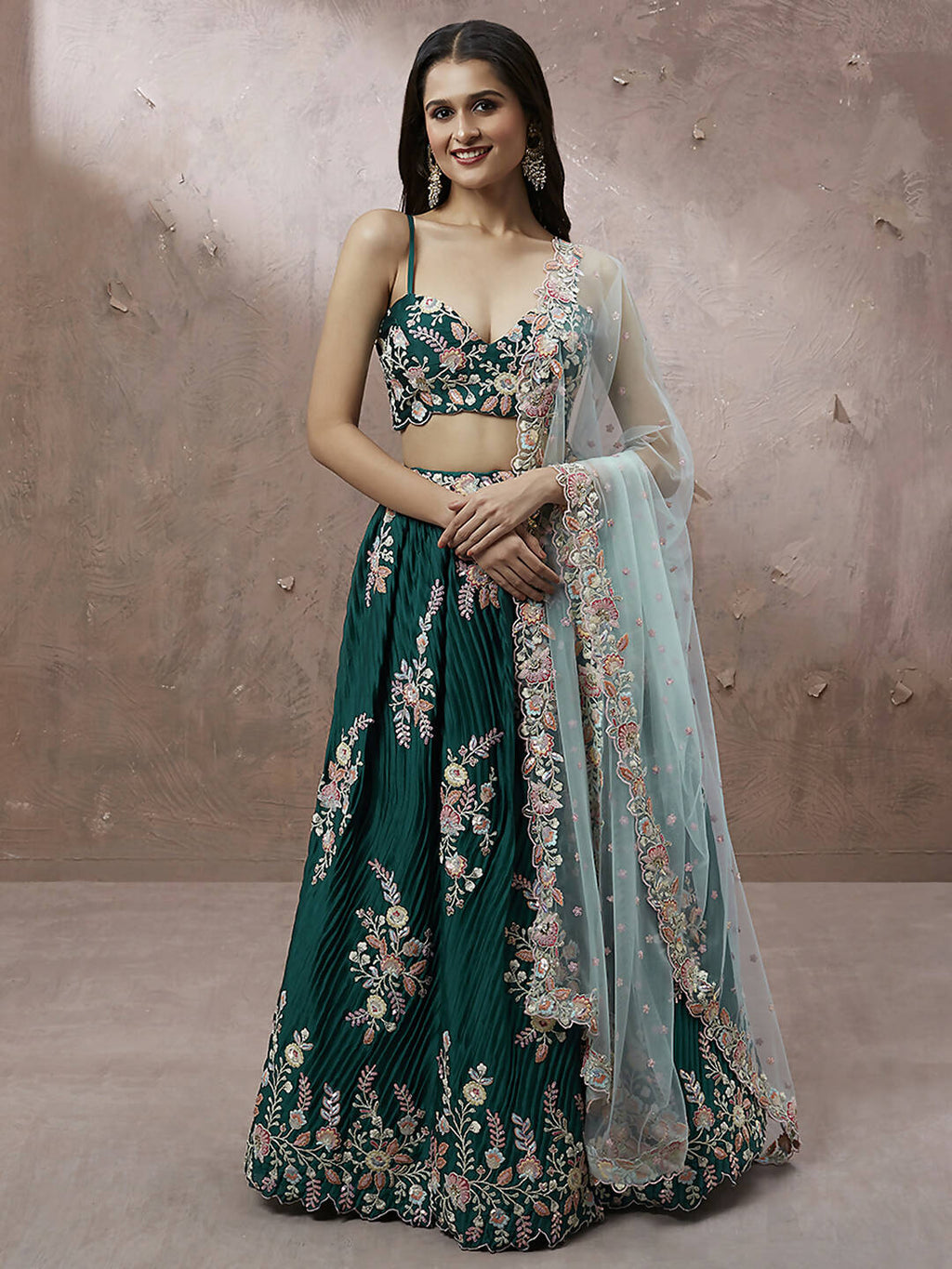 House of Panchhi Teal - Pure Georgette Thread & Sequins Work Lehenga | Grocsy