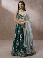 House of Panchhi Teal - Pure Georgette Thread & Sequins Work Lehenga | Grocsy