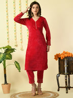 Myshka Women's Pink Velvet Kurta With Trousers Party Sets | Grocsy