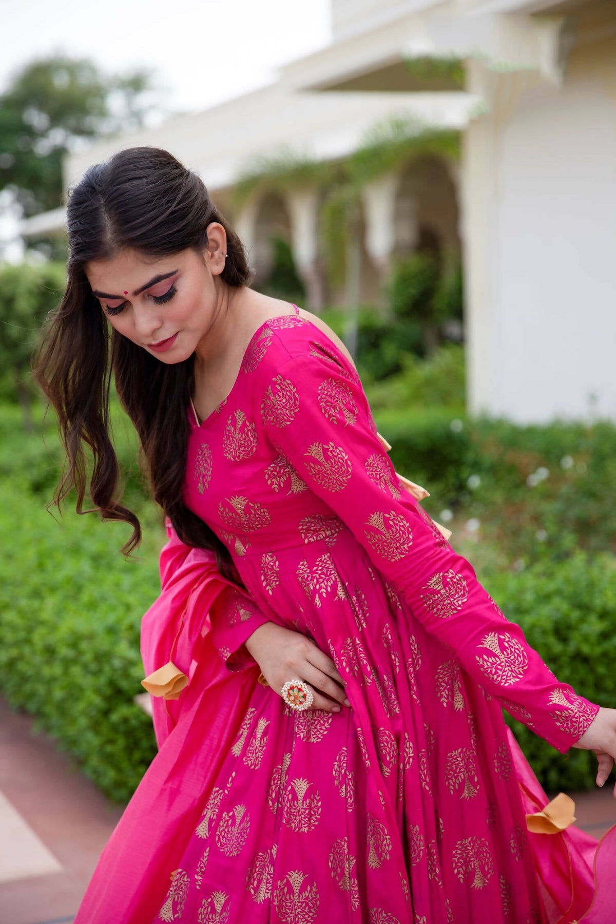 Pink Pure Reyon Gold Foil Work Stitched Suit With Dupatta - Anbazaar | Grocsy