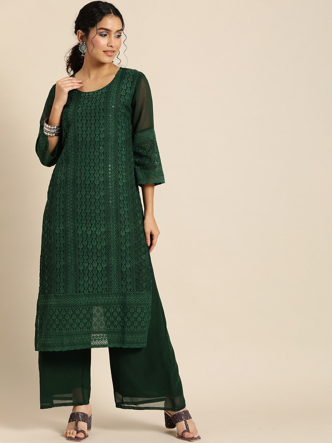 Sangria Women Green Ethnic Motifs Chikankari Kurta with Palazzos | Grocsy