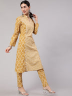 Aks Geometric Printed Mandarin Collar Cotton A-Line Kurta | Grocsy