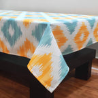 Stitchnest Ikat Yellow Teal Printed Poly Cotton Table Cover | Grocsy