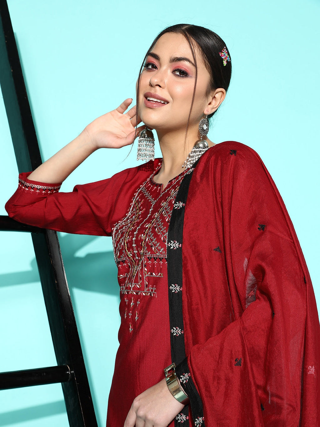 Sangria Women Maroon Ethnic Motifs Embroidered Thread Work Kurta With Trousers & Dupatta | Grocsy