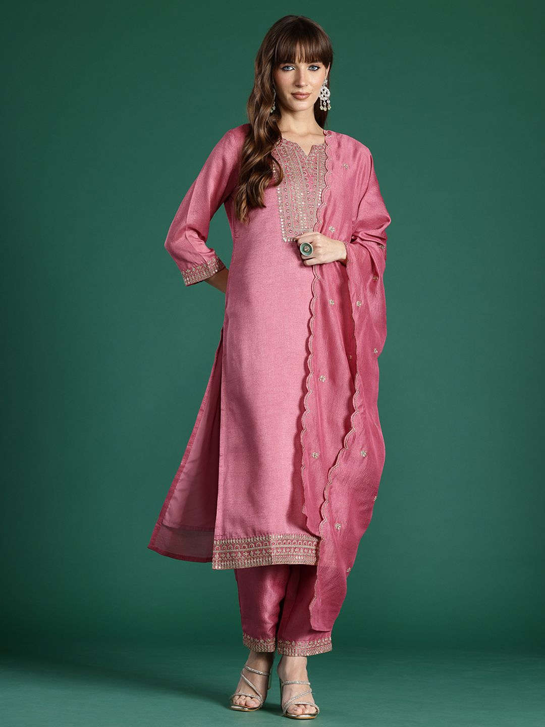 Indo Era Floral Embroidered Sequinned Kurta with Trousers & With Dupatta | Grocsy