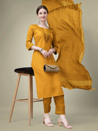 Jyoti Fashion Women's Mustard Cotton Blend Embroidery & Sequence work Kurta with Trouser & Dupatta | Grocsy