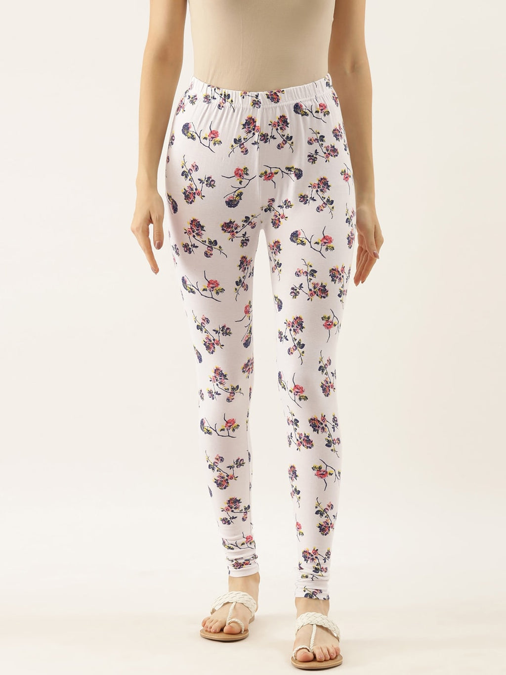 Souchii White Printed Slim-Fit Churidar-Length Leggings | Grocsy