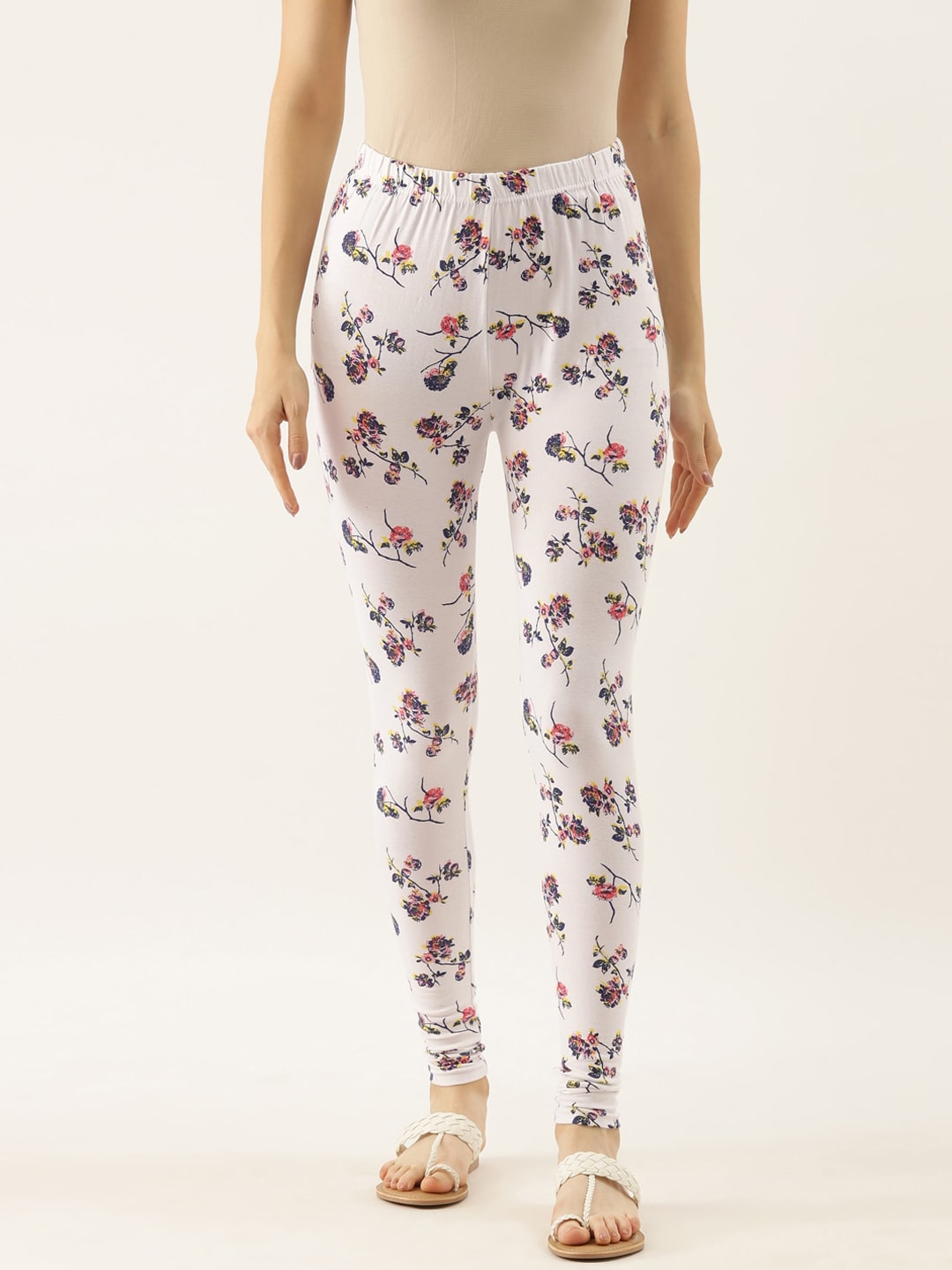 Souchii White Printed Slim-Fit Churidar-Length Leggings | Grocsy