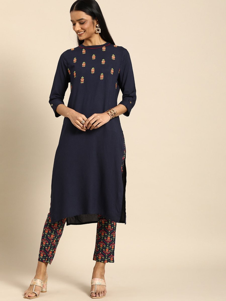 All About You Women Navy Blue Floral Embroidered Regular Thread Work Kurta with Trousers | Grocsy