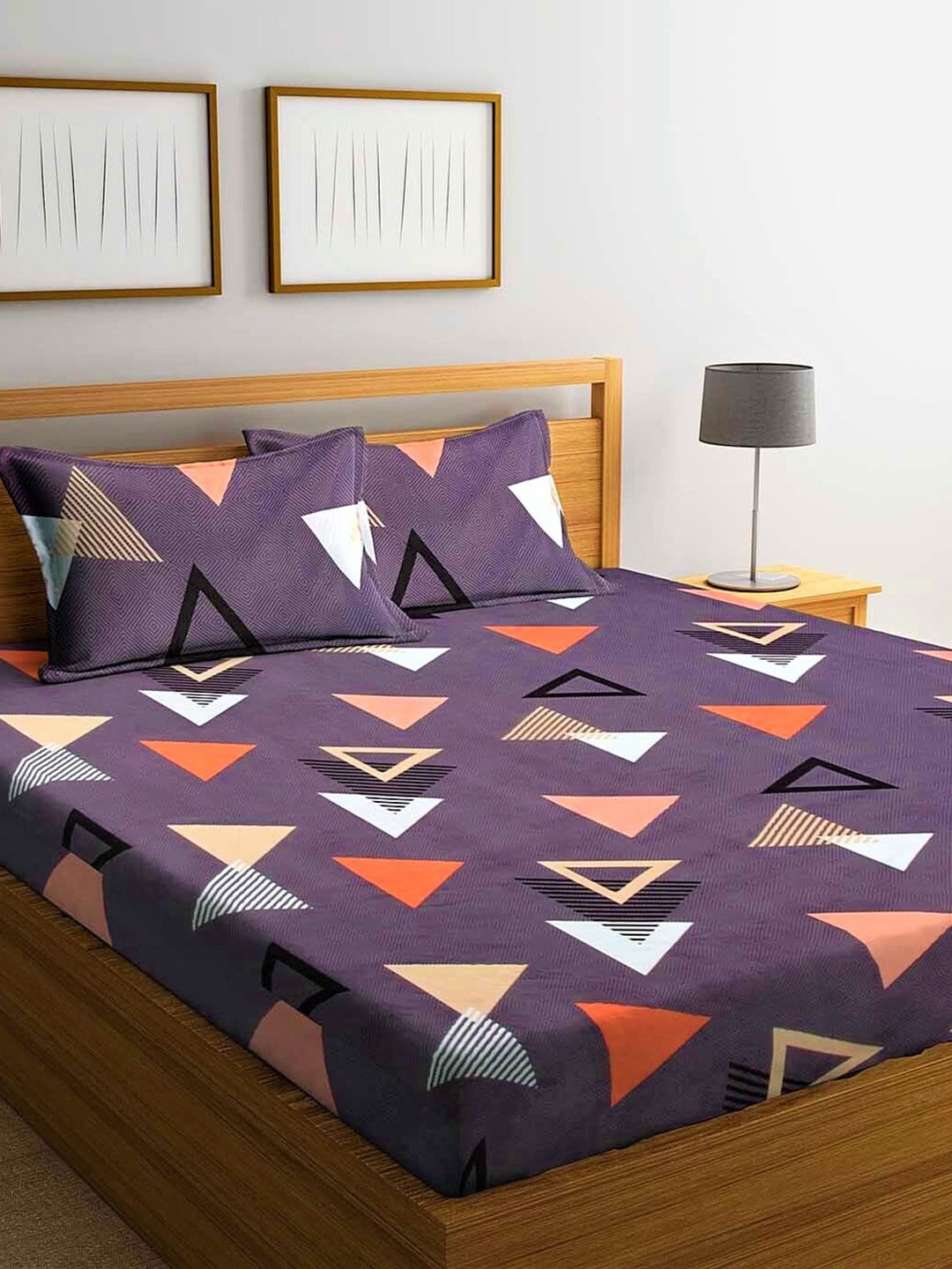 Home Sizzler Purple Geometric 210 TC Cotton 1 Double Queen Bedsheet With 2 Pillow Covers | Grocsy
