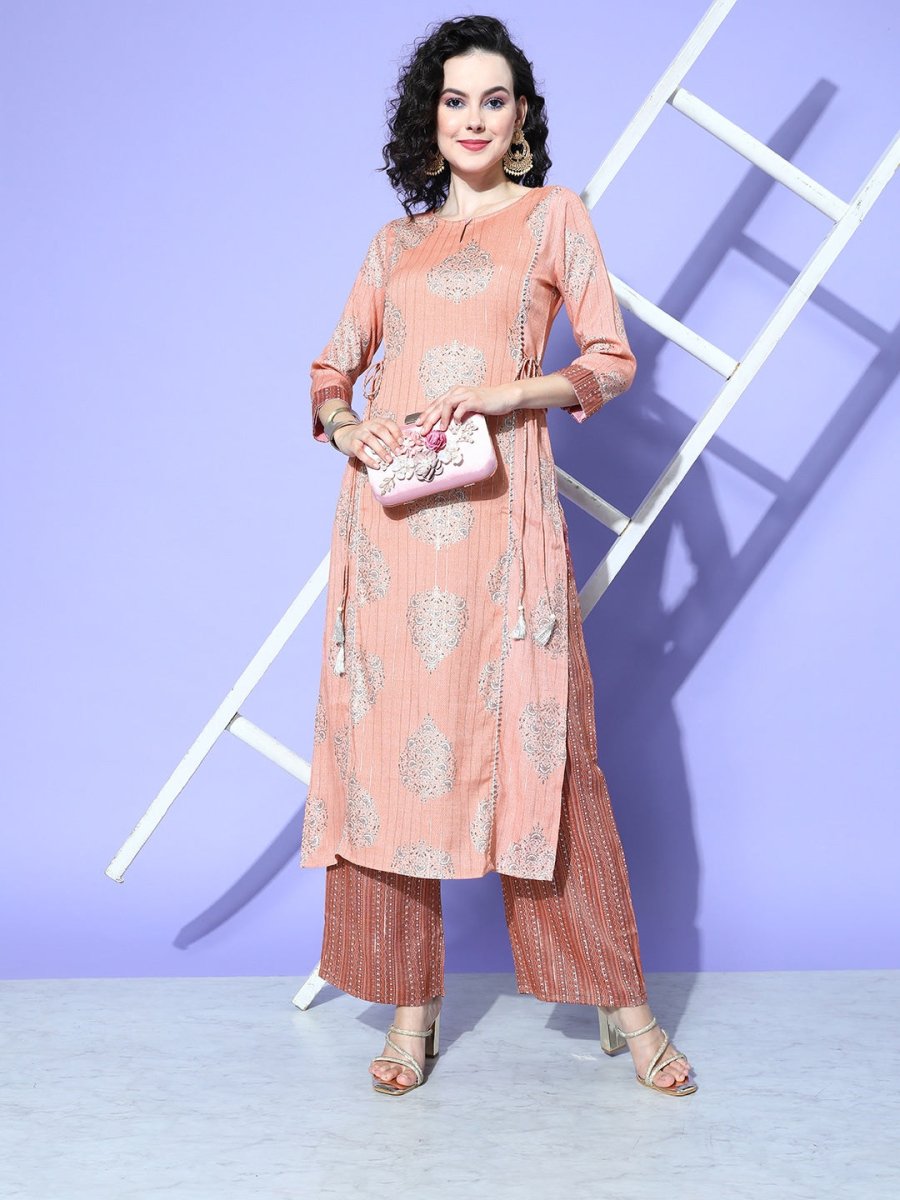 All About You Women Pink Floral Printed Regular Gotta Patti Liva Kurta with Palazzos | Grocsy