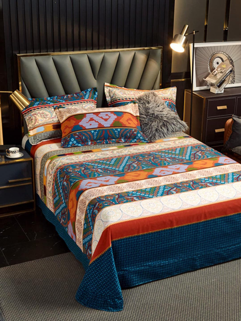 JC Collection Blue & Red Ethnic Motifs 220 TC King Bedsheet with 2 Pillow Covers | Grocsy