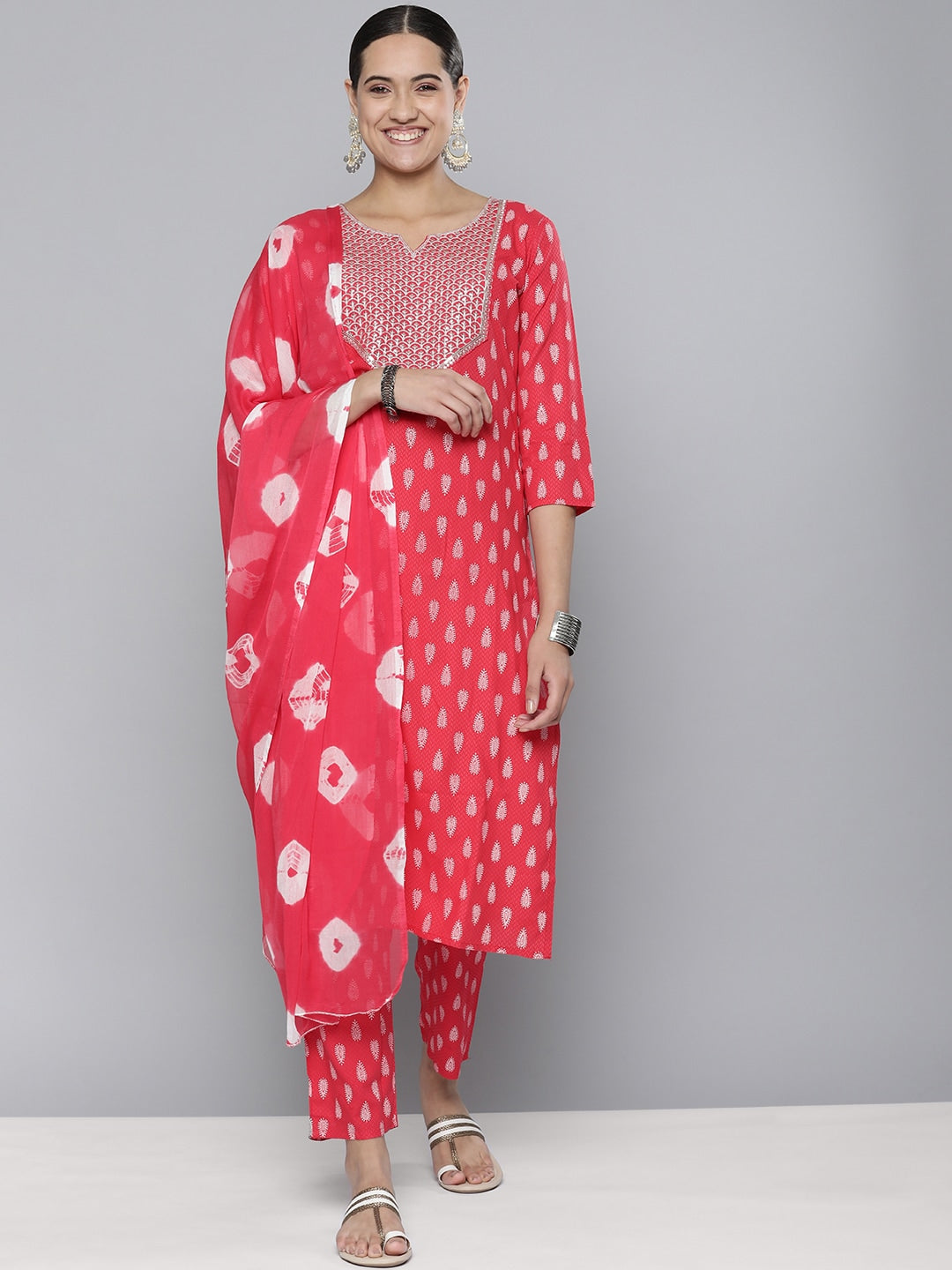 HERE&NOW Women Embroidered Yoke Design Sequinned Kurta with Trousers & With Dupatta | Grocsy