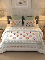 BELLA CASA Grey & Off White Ethnic Motifs 350 TC Cotton King Bedsheet with 2 Pillow Covers | Grocsy