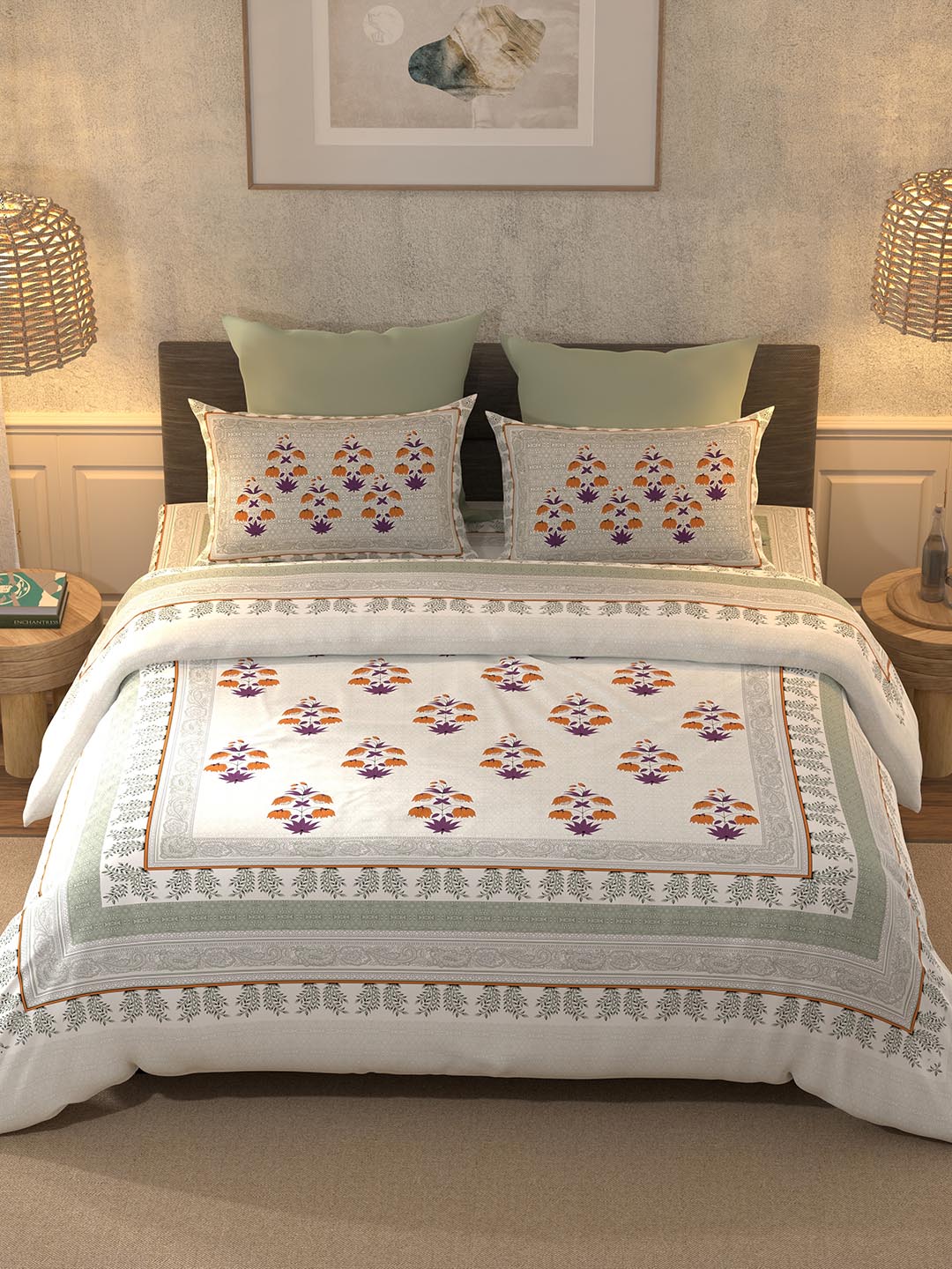 BELLA CASA Grey & Off White Ethnic Motifs 350 TC Cotton King Bedsheet with 2 Pillow Covers | Grocsy